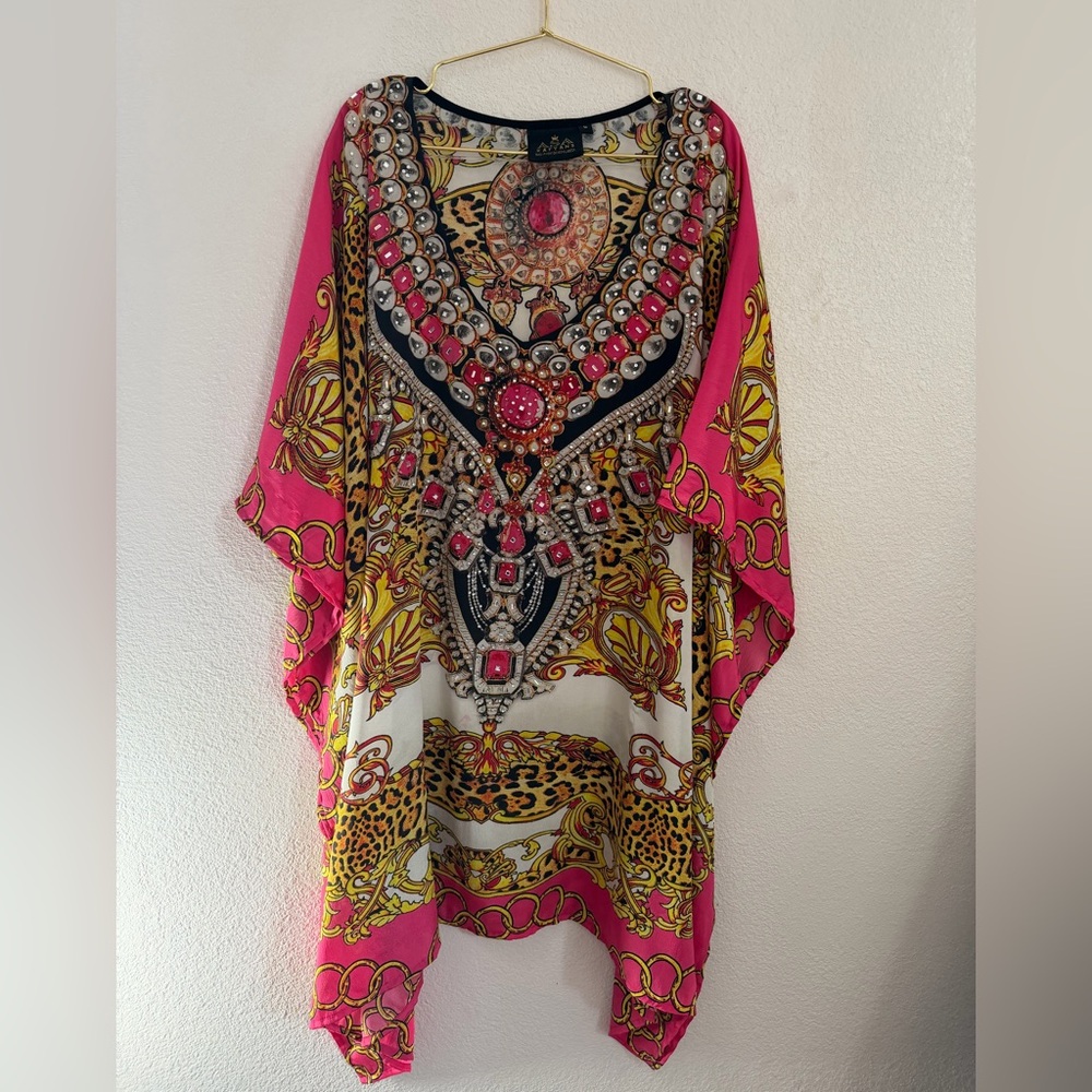 Vibrant Pink and Gold Embellished Asa Kaftan